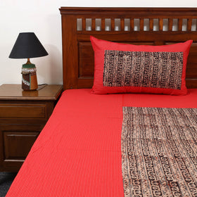 Red Kantha Stitch with Kalamkari Patch Cotton Bedsheet Set