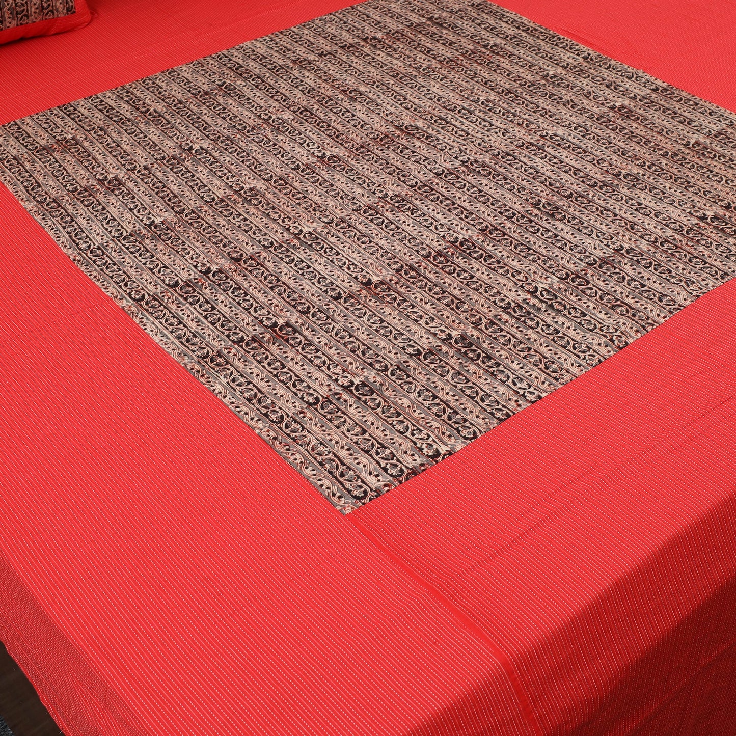 Red Kantha Stitch with Kalamkari Patch Cotton Bedsheet Set