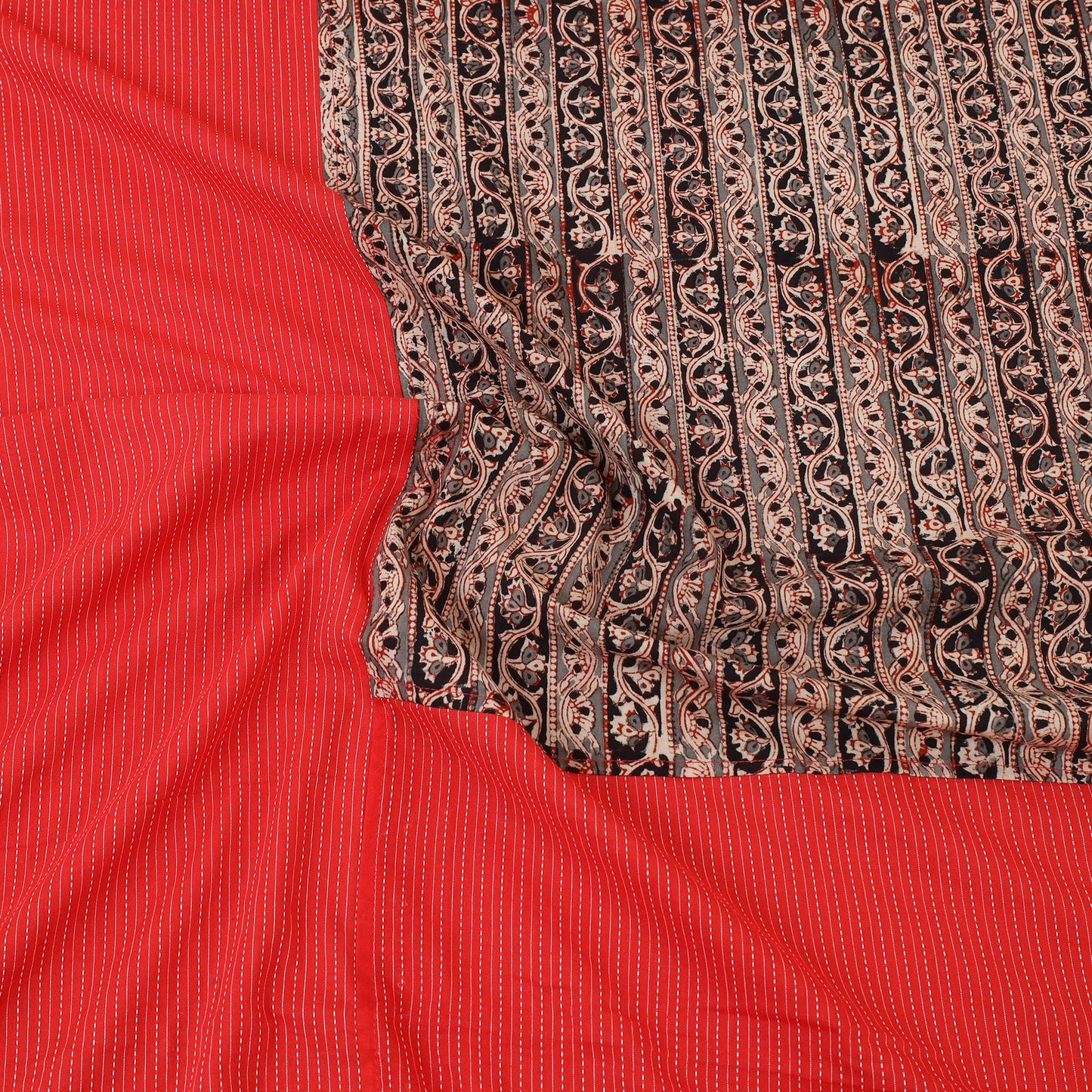 Red Kantha Stitch with Kalamkari Patch Cotton Bedsheet Set