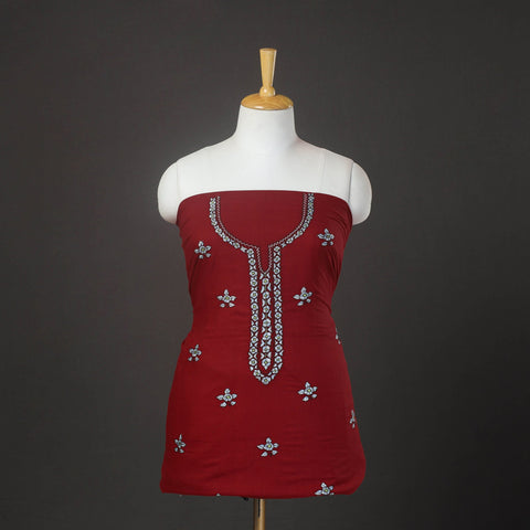 Red - Kashida Hand Embroidery Cotton Kurta Material (2.4m) 01