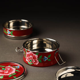  Kashmir Enamelware Floral Handpainted Stainless Steel 2 Tier Round Lunch Box 