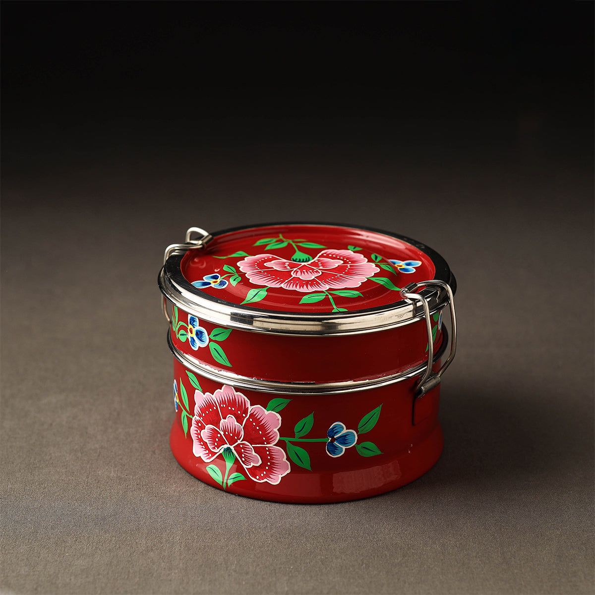  Kashmir Enamelware Floral Handpainted Stainless Steel 2 Tier Round Lunch Box 