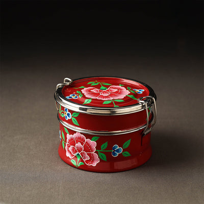  Kashmir Enamelware Floral Handpainted Stainless Steel 2 Tier Round Lunch Box 