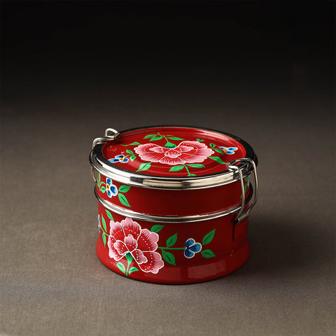 Kashmir Enamelware Floral Handpainted Stainless Steel 2 Tier Round Lunch Box 