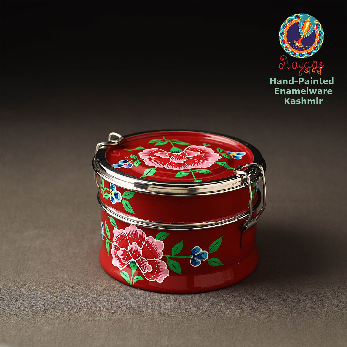  Kashmir Enamelware Floral Handpainted Stainless Steel 2 Tier Round Lunch Box 
