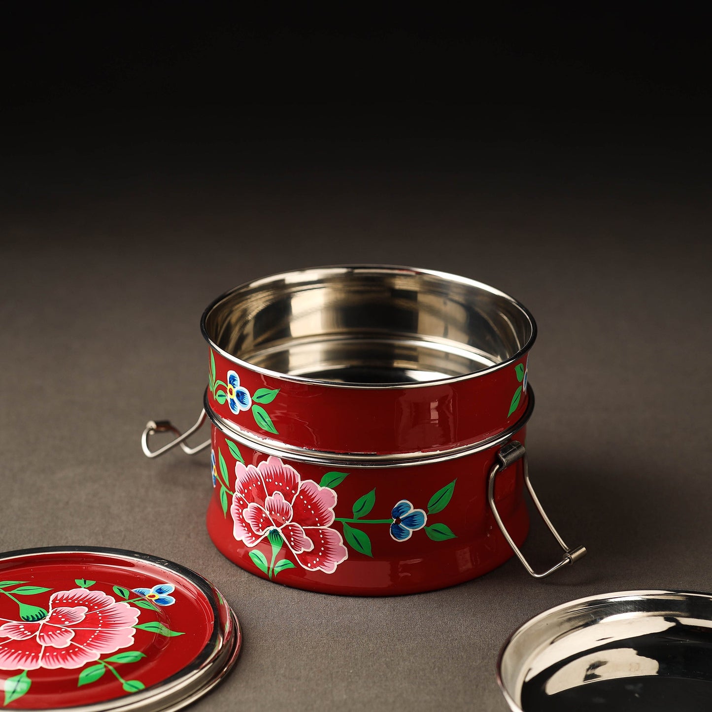  Kashmir Enamelware Floral Handpainted Stainless Steel 2 Tier Round Lunch Box 