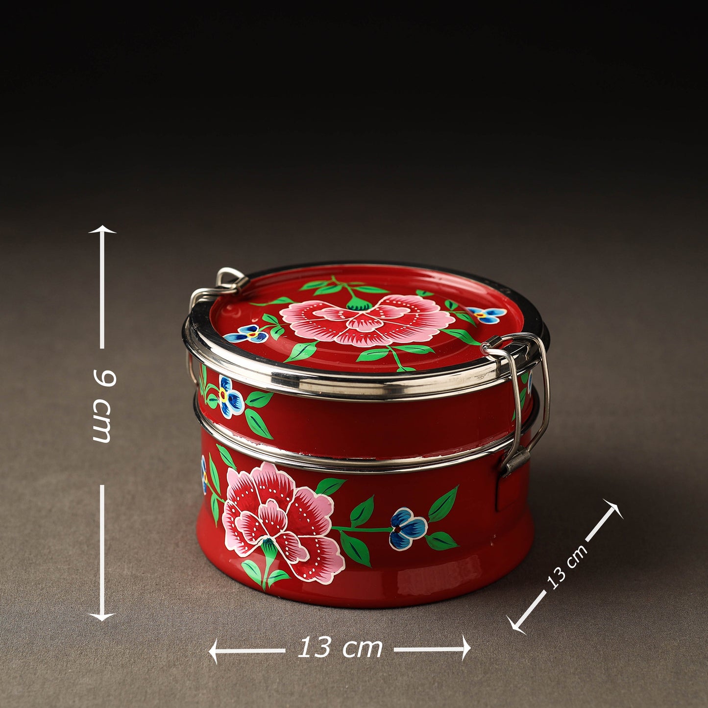  Kashmir Enamelware Floral Handpainted Stainless Steel 2 Tier Round Lunch Box 