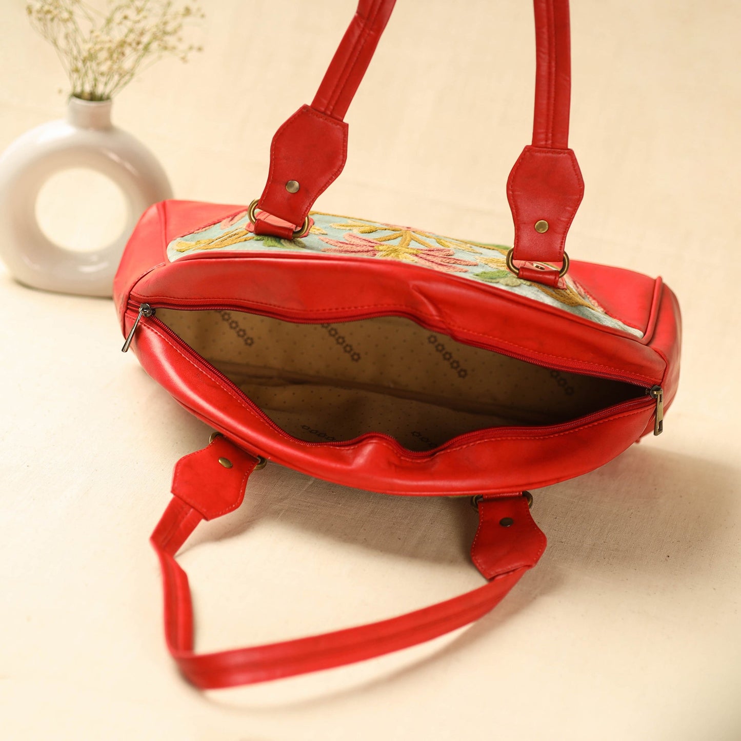 Red Kashmiri Crewel Hand Embroidered Leather Handbag