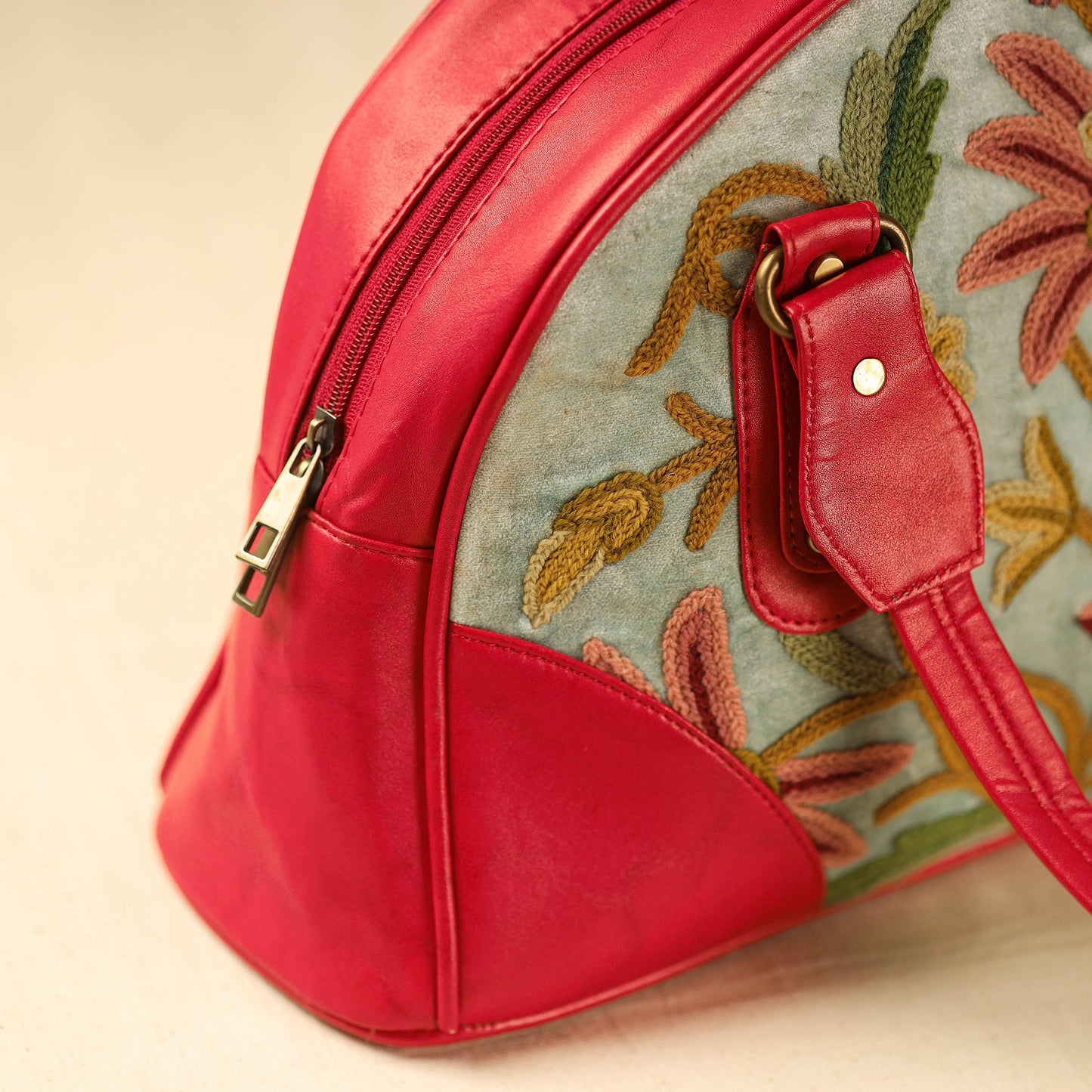 Red Kashmiri Crewel Hand Embroidered Leather Handbag