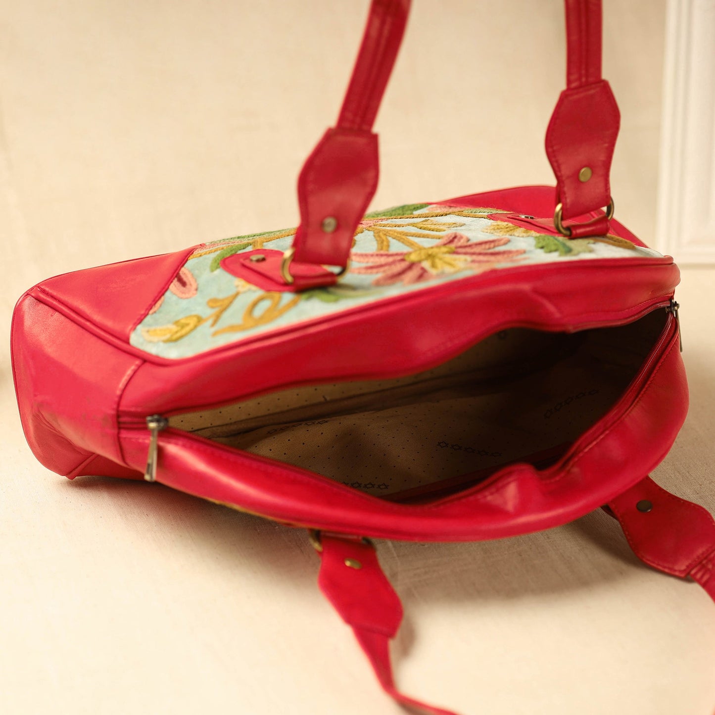 Red Kashmiri Crewel Hand Embroidered Leather Handbag