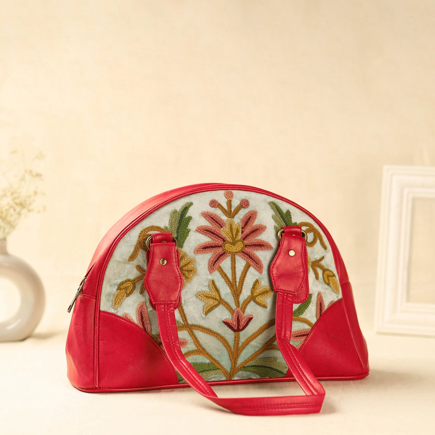 Red Kashmiri Crewel Hand Embroidered Leather Handbag