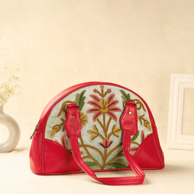 Red Kashmiri Crewel Hand Embroidered Leather Handbag