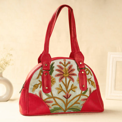 Red Kashmiri Crewel Hand Embroidered Leather Handbag