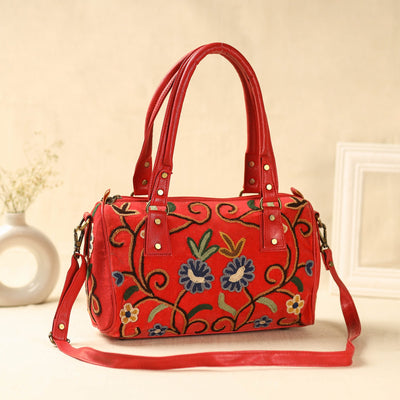 Red Kashmiri Crewel Hand Embroidery Handbag