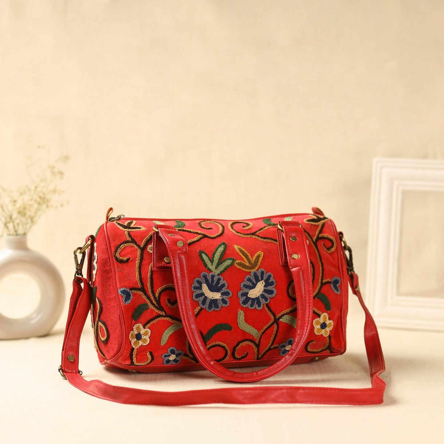 Red Kashmiri Crewel Hand Embroidery Handbag