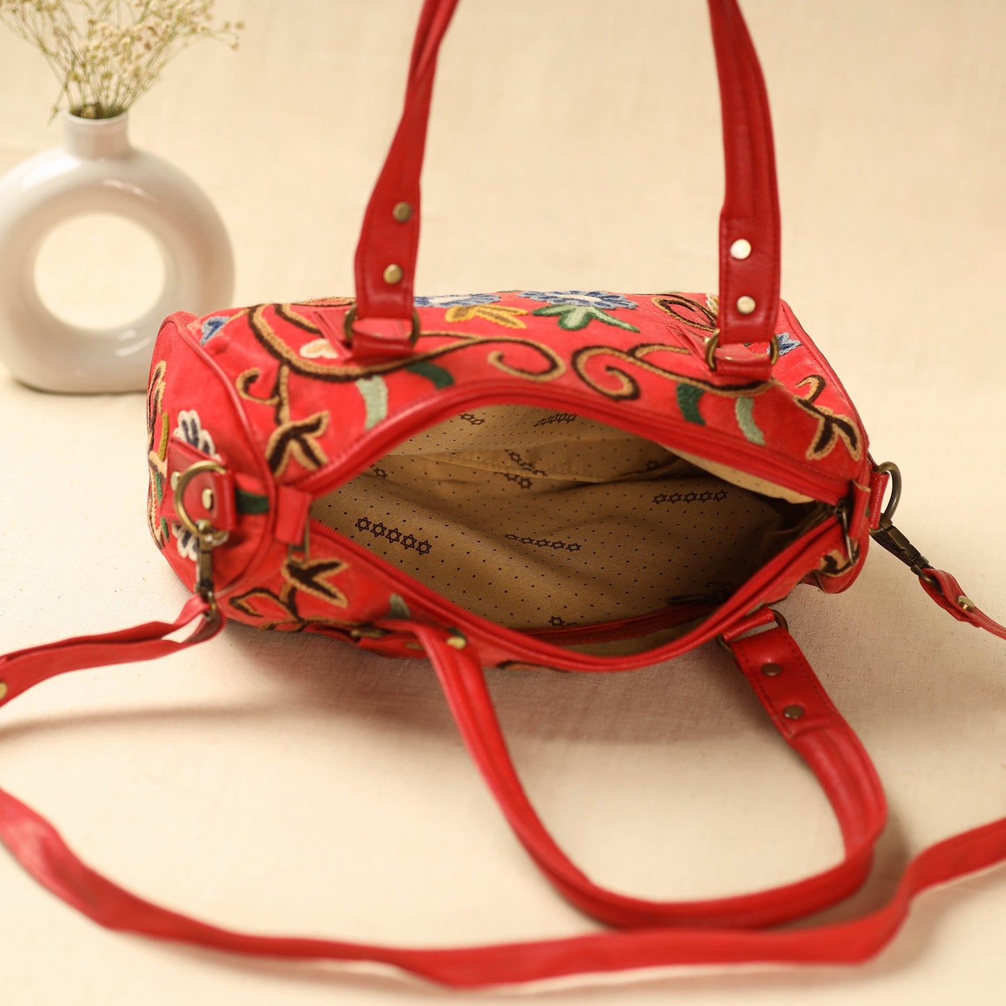 Red Kashmiri Crewel Hand Embroidery Handbag