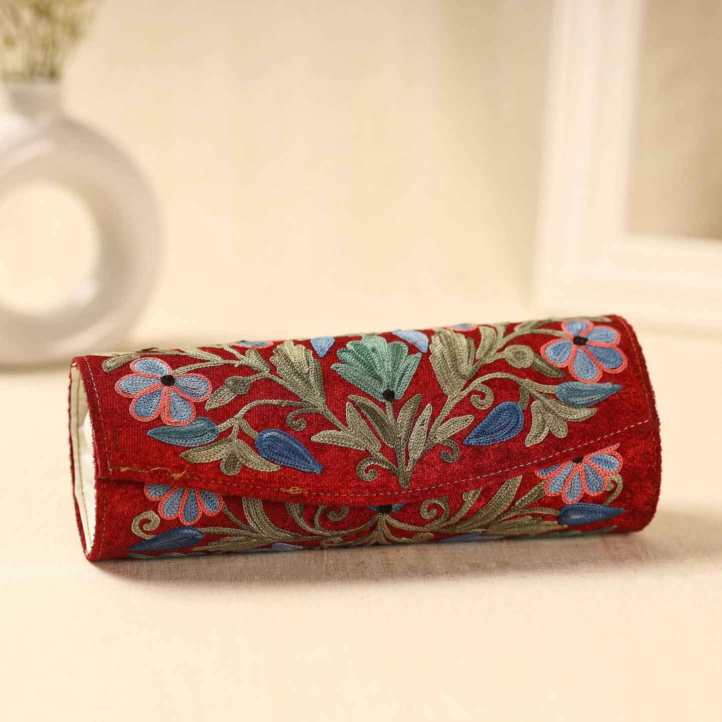 Red Kashmiri Crewel Hand Embroidery Velvet Clutch