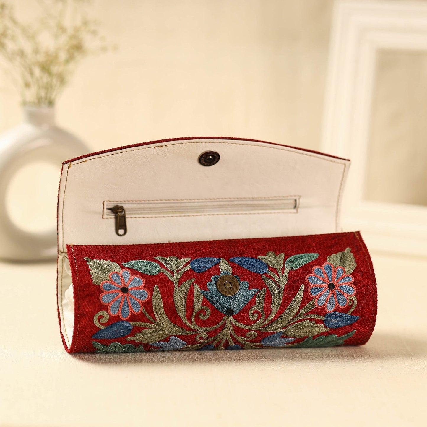 Red Kashmiri Crewel Hand Embroidery Velvet Clutch