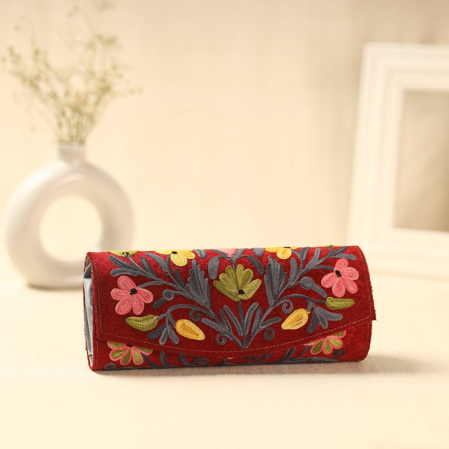 Red Kashmiri Crewel Hand Embroidery Velvet Clutch
