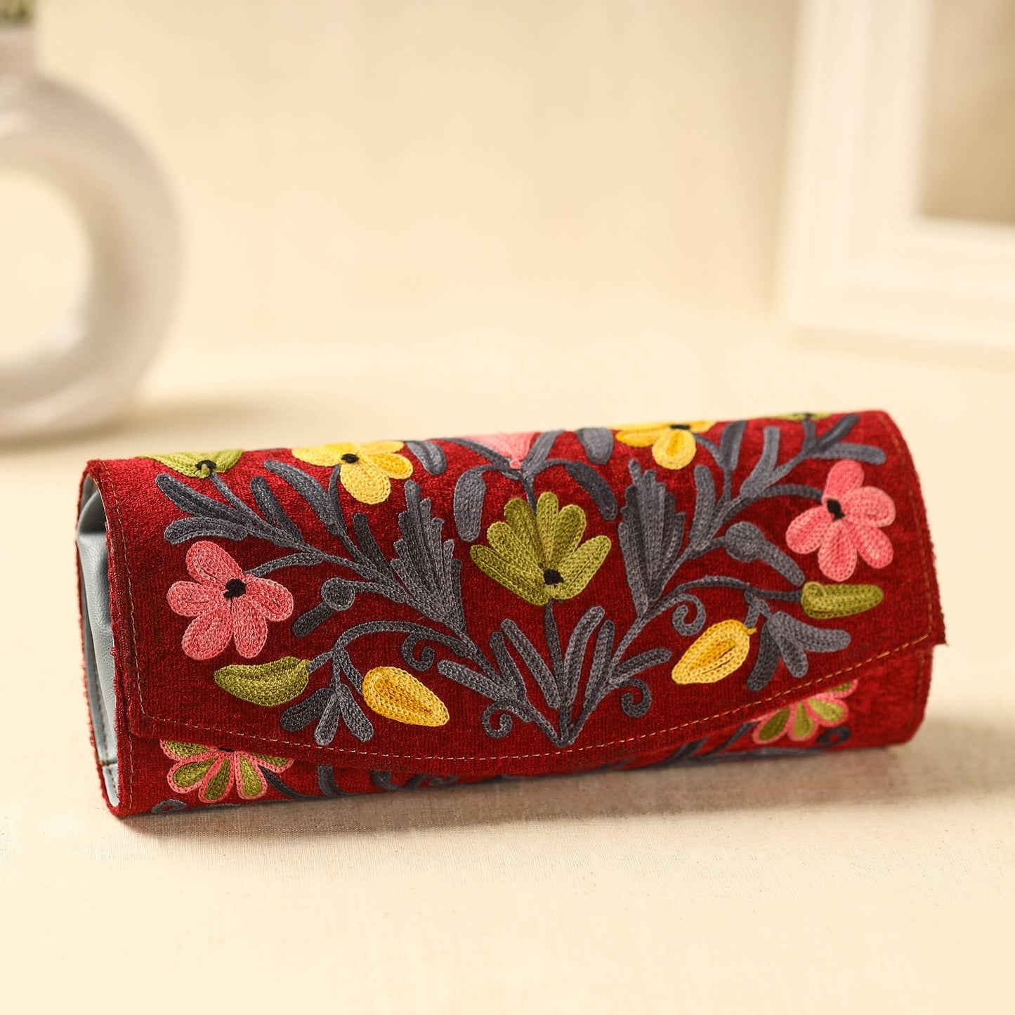 Red Kashmiri Crewel Hand Embroidery Velvet Clutch
