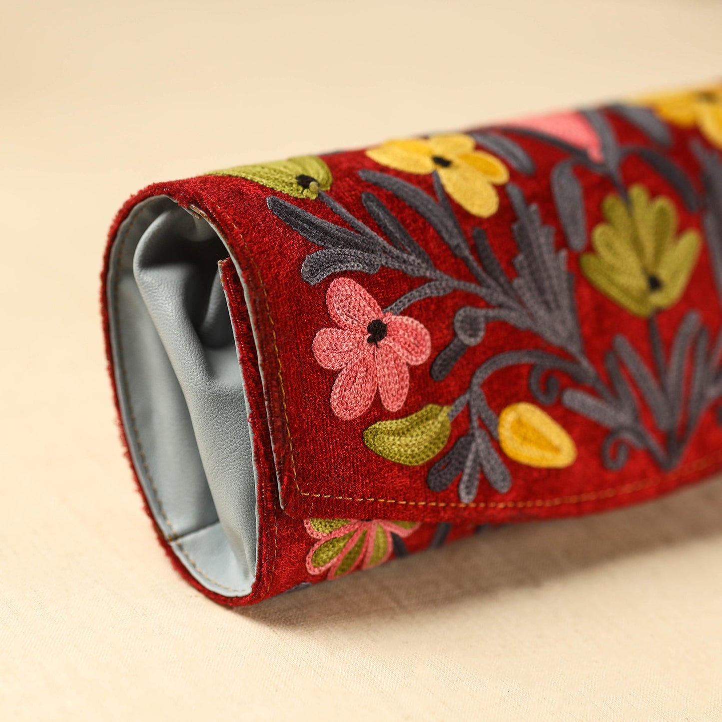 Red Kashmiri Crewel Hand Embroidery Velvet Clutch