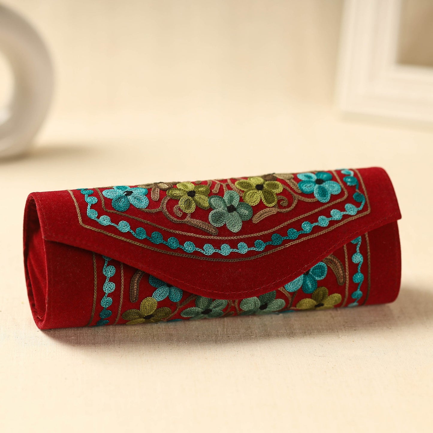 Red Kashmiri Crewel Hand Embroidery Velvet Clutch