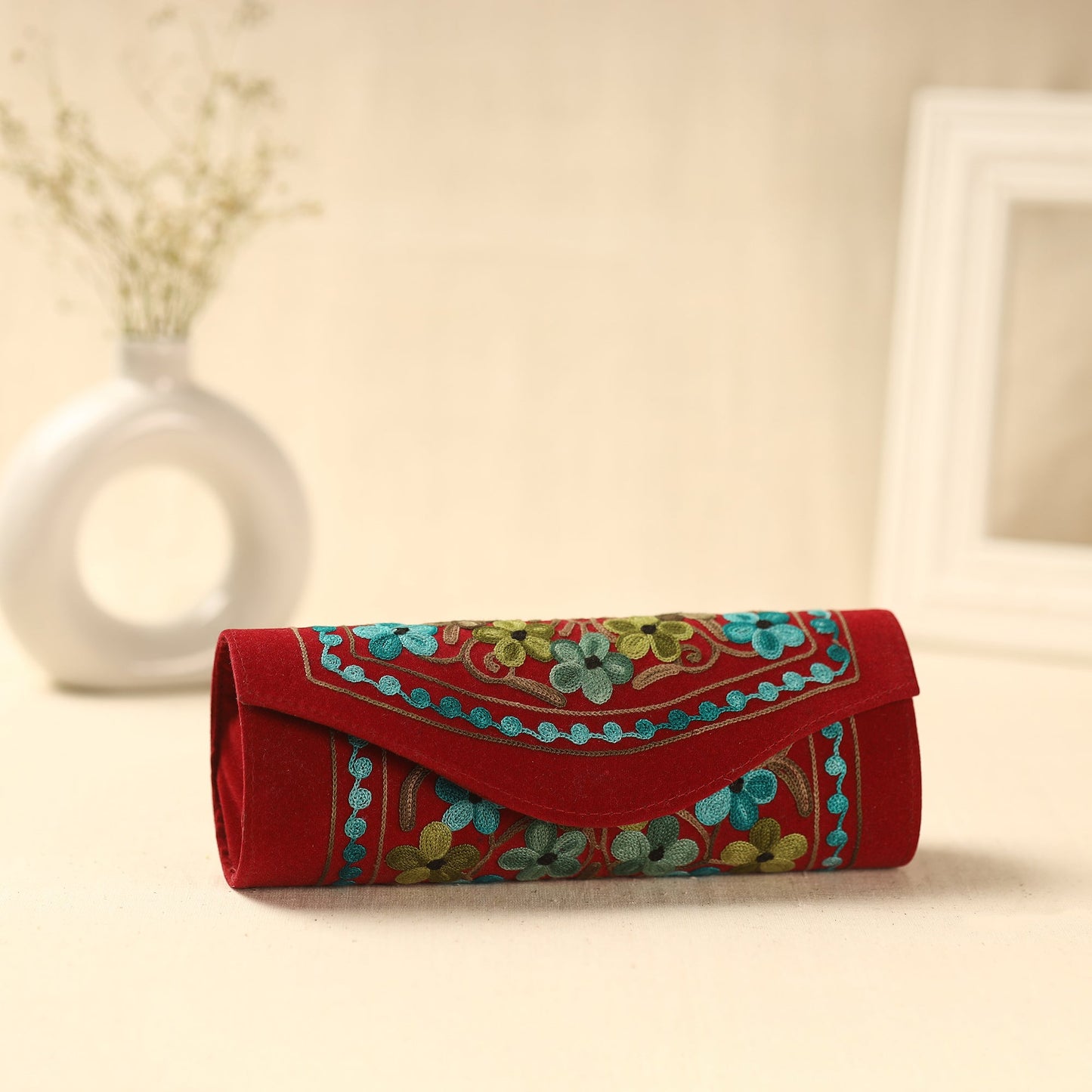 Red Kashmiri Crewel Hand Embroidery Velvet Clutch