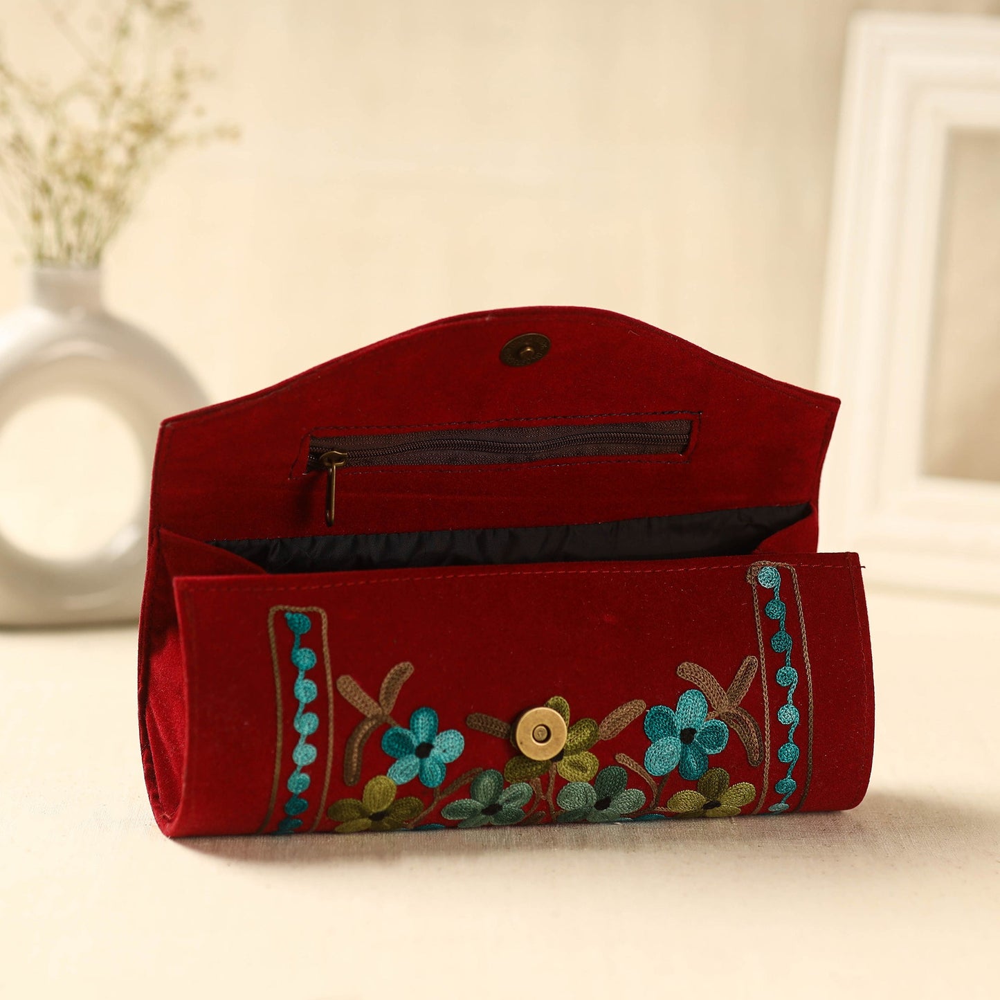 Red Kashmiri Crewel Hand Embroidery Velvet Clutch