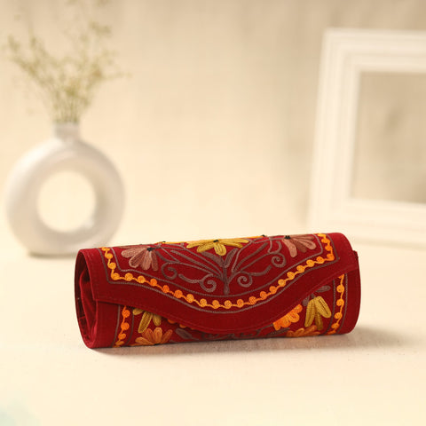 Red Kashmiri Crewel Hand Embroidery Velvet Clutch