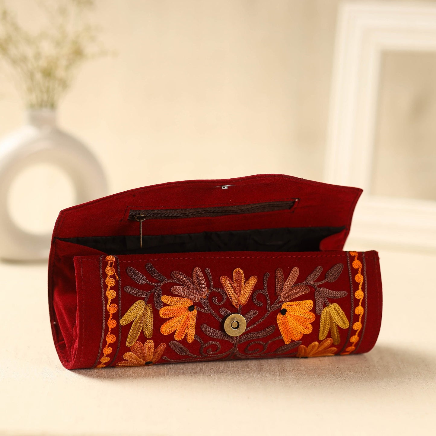 Red Kashmiri Crewel Hand Embroidery Velvet Clutch