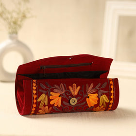 Red Kashmiri Crewel Hand Embroidery Velvet Clutch