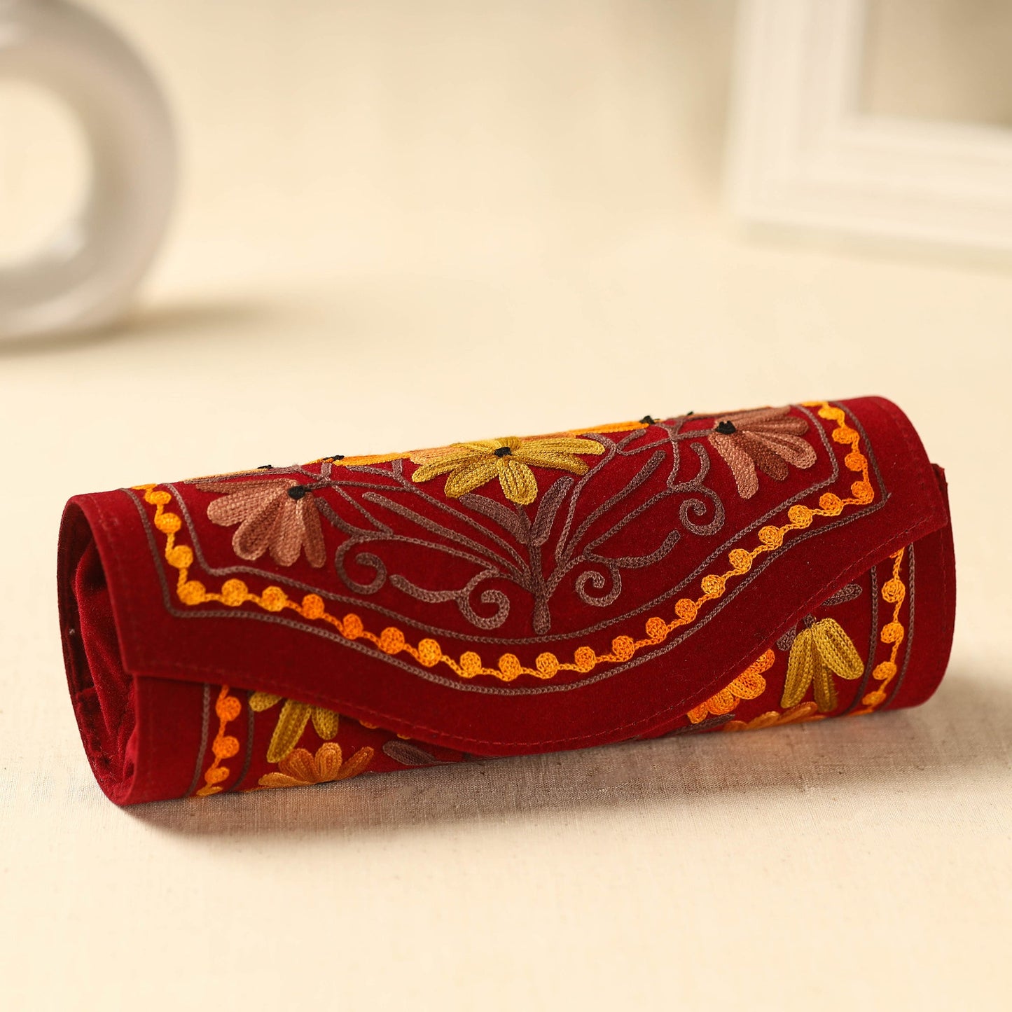 Red Kashmiri Crewel Hand Embroidery Velvet Clutch
