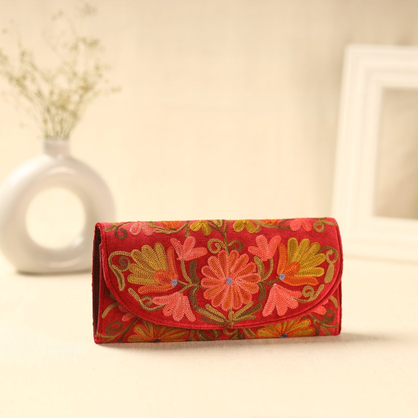  Red Kashmiri Crewel Hand Embroidery Velvet Travel Wallet