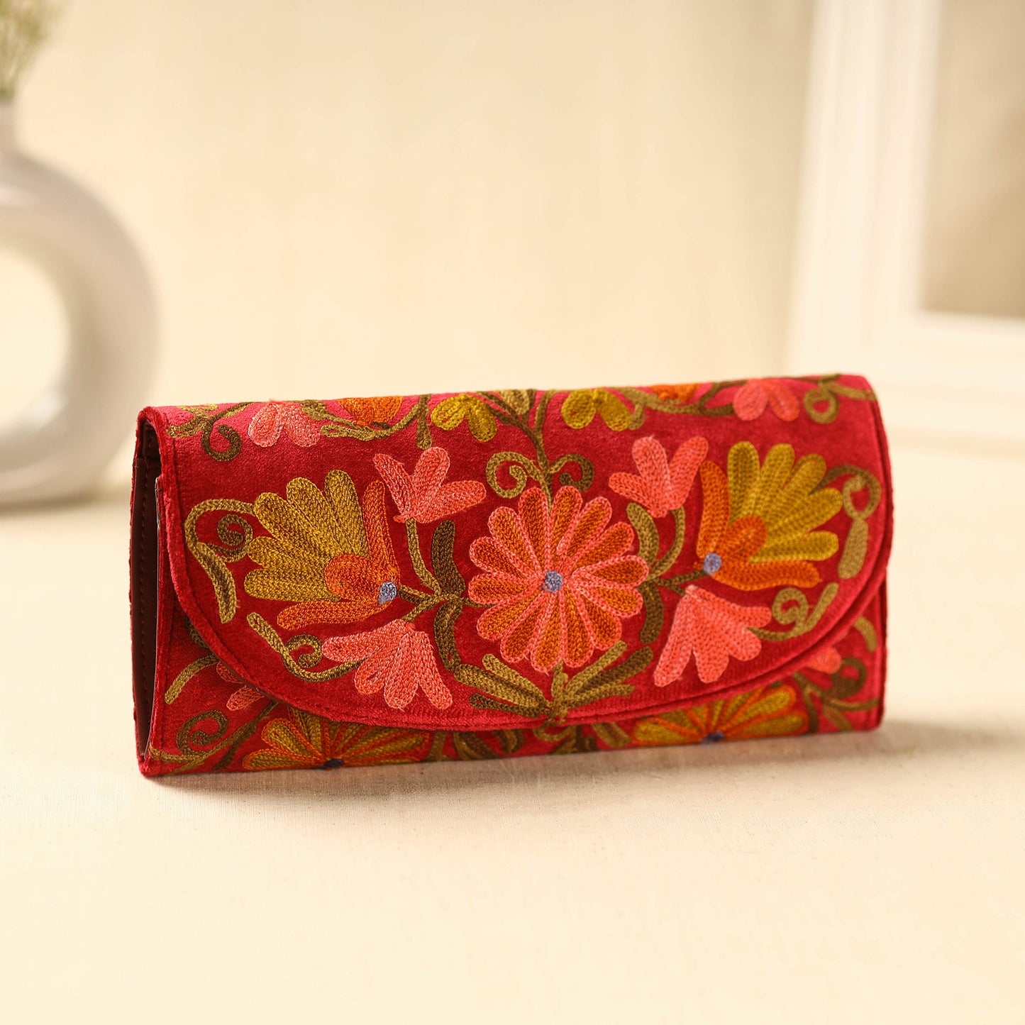  Red Kashmiri Crewel Hand Embroidery Velvet Travel Wallet