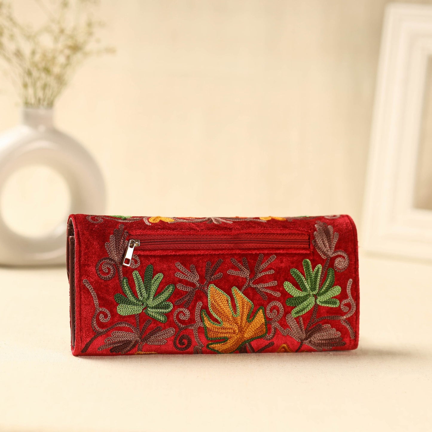  Red Kashmiri Crewel Hand Embroidery Velvet Travel Wallet