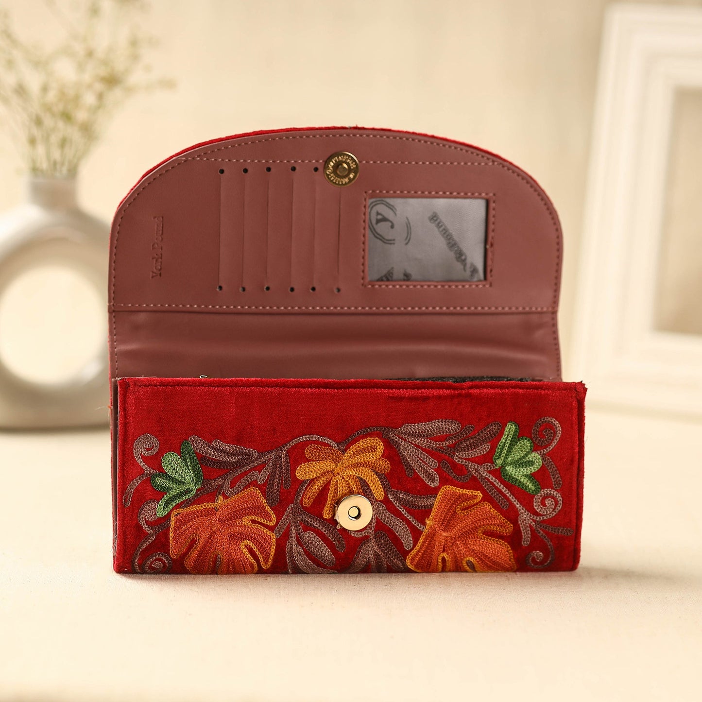  Red Kashmiri Crewel Hand Embroidery Velvet Travel Wallet