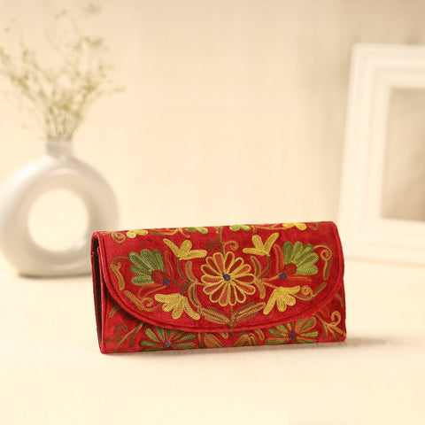  Red Kashmiri Crewel Hand Embroidery Velvet Travel Wallet