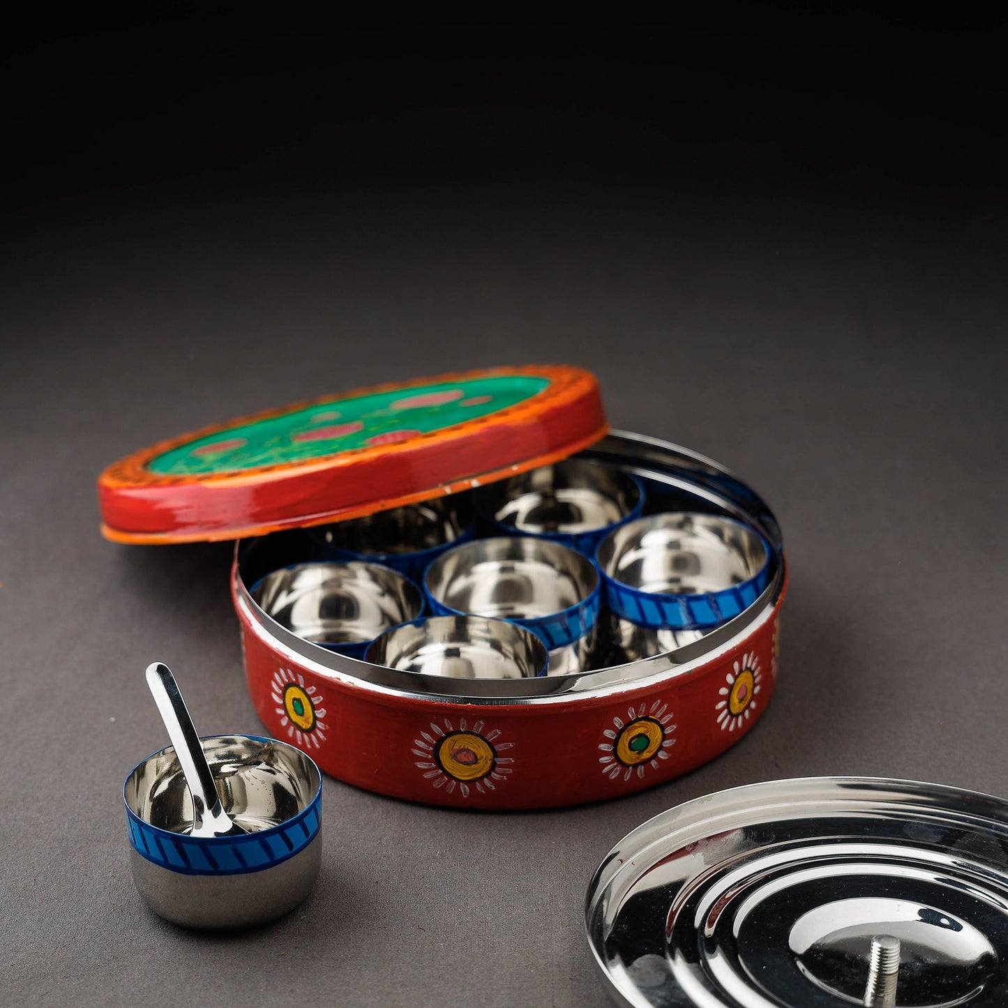  Kavad Handpainted Stainless Steel Red Masala Box 