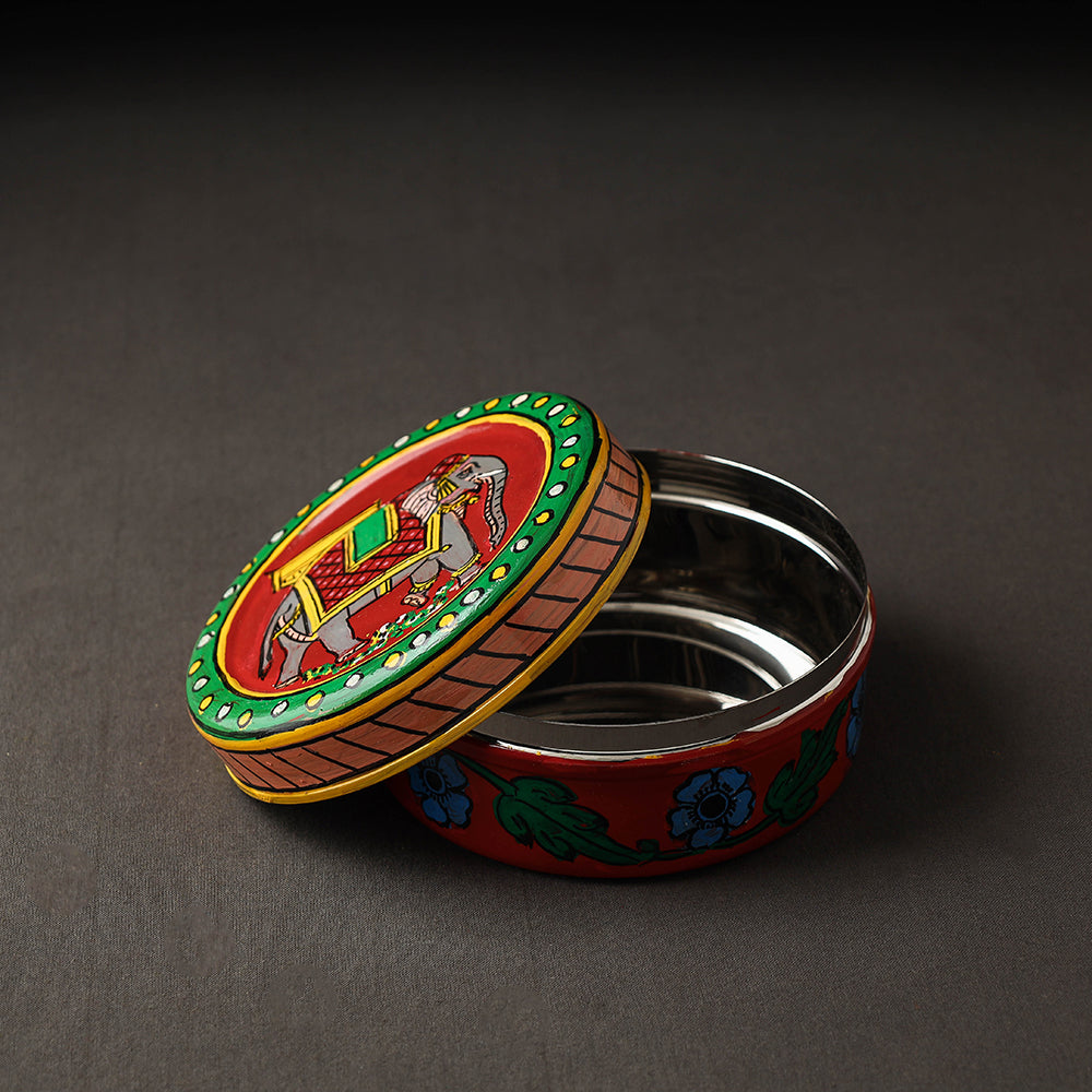 Red Kavad Handpainted Stainless Steel Multi Utility Container