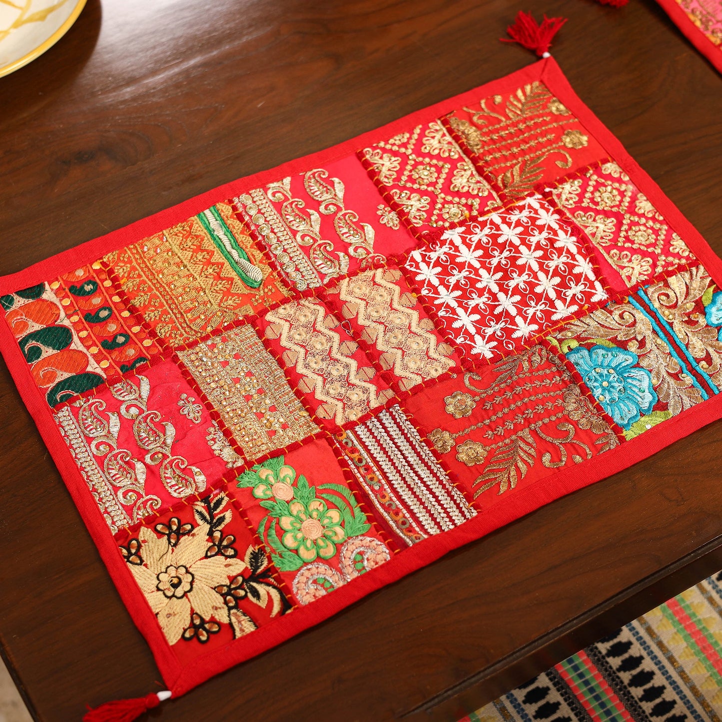 Red - khambadiya patchwork cotton table mats (set of 6) 03
