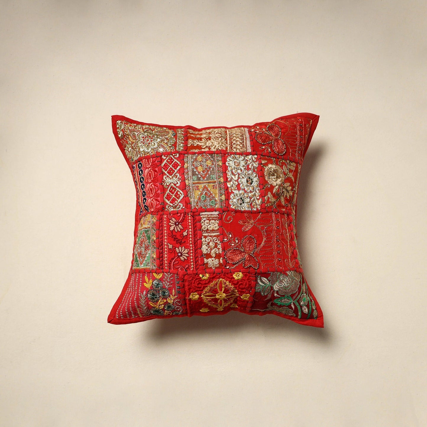 Khambadiya patchwork hand embroidery cushion cover (16 x 16