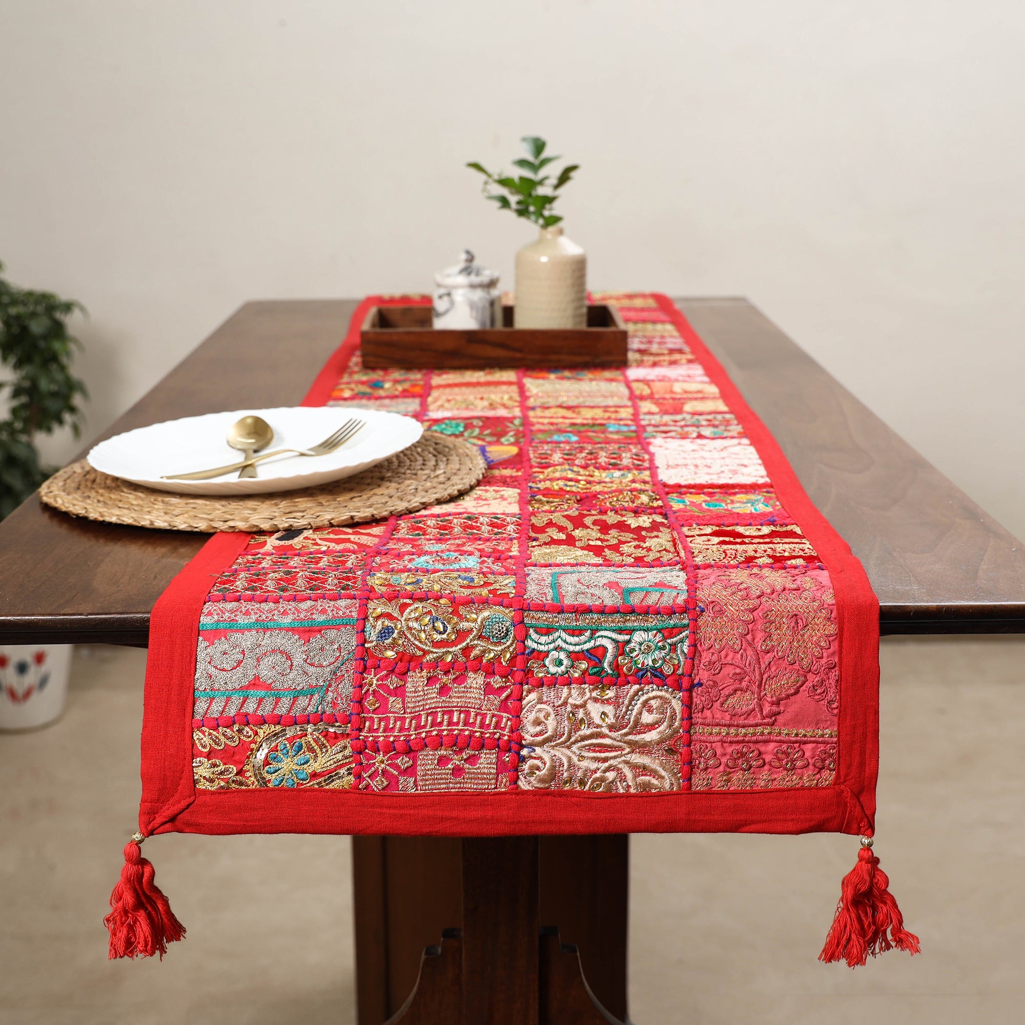 Red Patchwork Table Runner Red Khambadiya Patchwork Table Runner