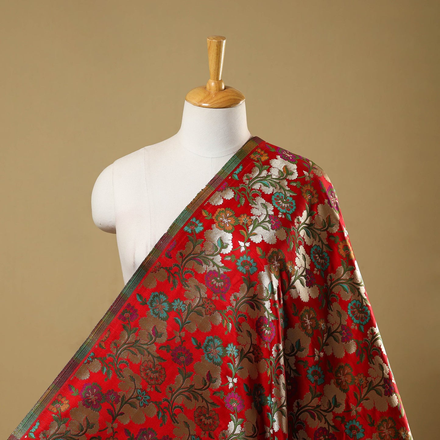 Red Art Silk Gold Zari Kimkhab Banarasi Brocade Fabric