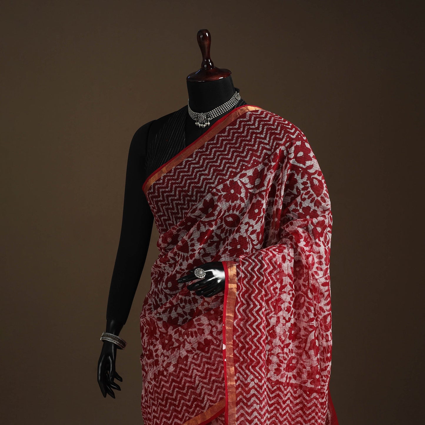 Red - kota doria cotton hand batik saree 12 - handcrafted