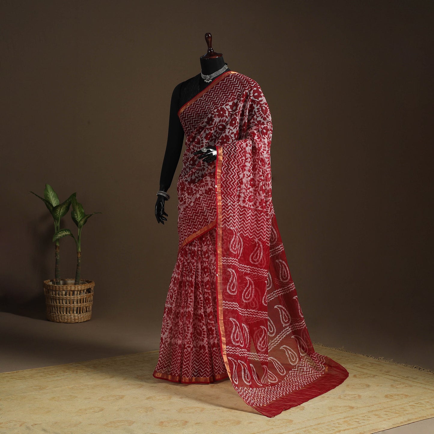 Red - kota doria cotton hand batik saree 12 - handcrafted