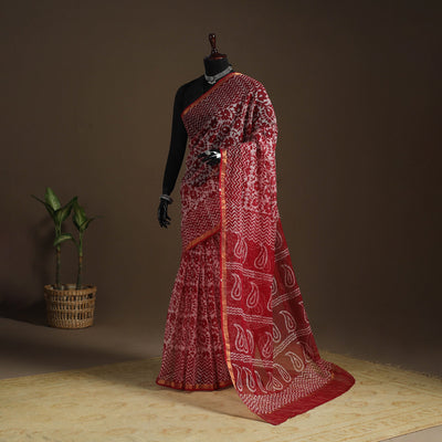 Red - kota doria cotton hand batik saree 12 - handcrafted