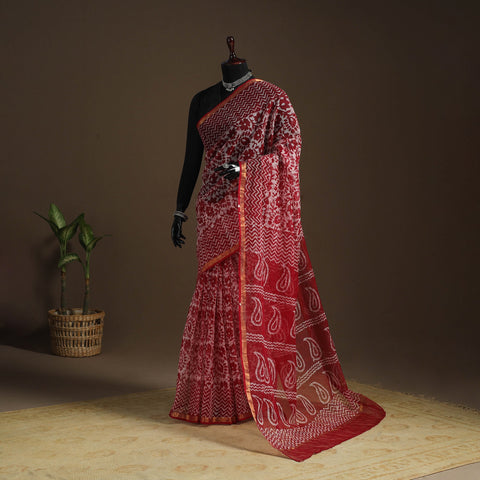 Red - kota doria cotton hand batik saree 12 - handcrafted