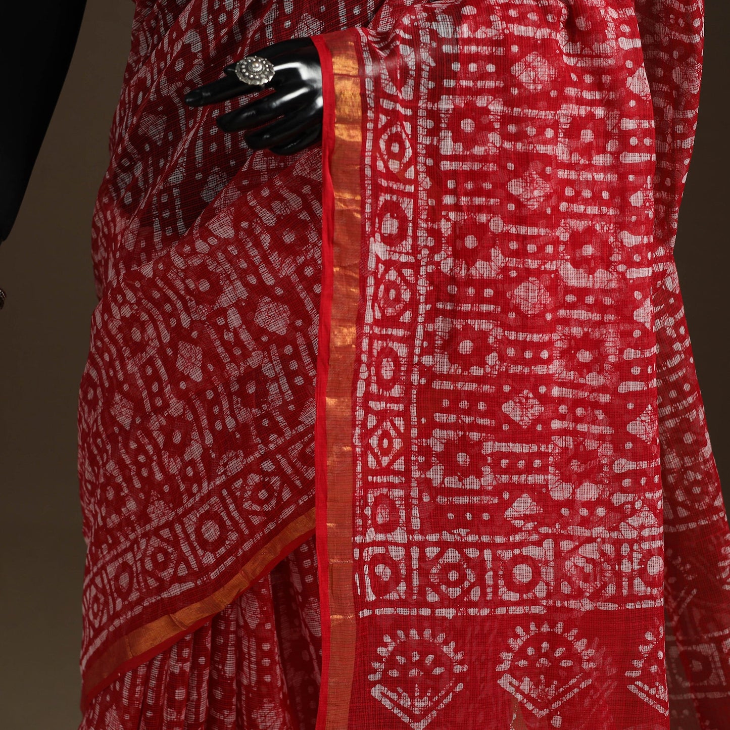 Red Kota Doria Cotton Hand Batik Print Saree