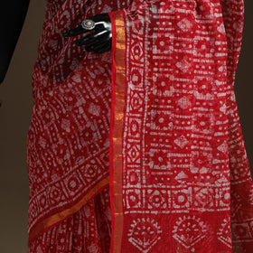 Red Kota Doria Cotton Hand Batik Print Saree