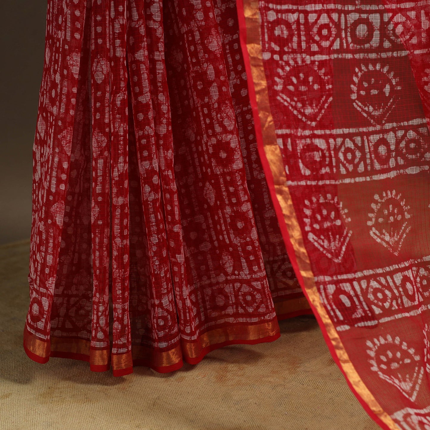 Red Kota Doria Cotton Hand Batik Print Saree